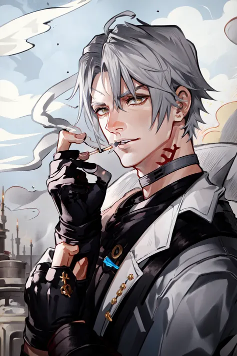 Thancred Waters, looking at viewer, shirt, gloves, holding, yellow eyes, upper body, grey hair, parted lips, choker, black gloves, hand up, fingerless gloves, collar, grey eyes, smoke, cigarette, smoking, holding cigarette, specular highlights, <lora:Thancred:0.8>