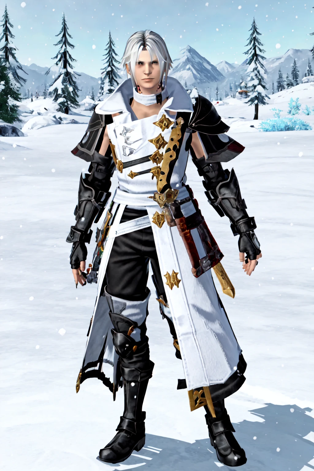 Thancred Waters,gloves, weapon, sword, fingerless gloves, armor, tree, gun, shoulder armor, snow, pauldrons, snowing, gunblade ,specular highlights, <lora:Thancred:0.8>