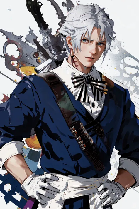 Thancred Waters, Hyur, looking at viewer, gloves, bow, upper body, white gloves, bowtie, hand on hip, formal, specular highlights,  <lora:Thancred:0.8>