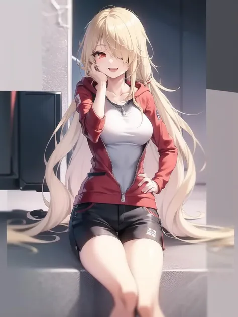 <lora:Nemesis 4:0.5>, red eyes, hair covering one eye, masterpiece, best quality, casual clothes, red jacket, hoodie, white tank top, shorts, bare legs, smile, happy, open mouth, solo, 1girl, zipper, very long hair, blond hair, hand on hip, sitting, cross legged, cross legs, hand behind head