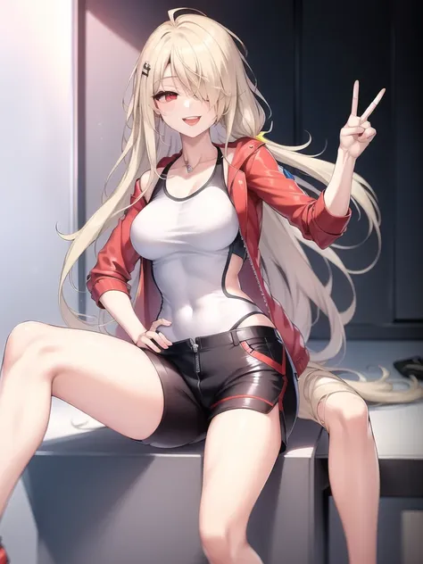 <lora:Nemesis 4:0.5>, red eyes, hair covering one eye, masterpiece, best quality, casual clothes, red jacket, hoodie, white tank top, shorts, bare legs, peace sign, smile, happy, open mouth, solo, 1girl, zipper, very long hair, blond hair, hand on hip, sitting, cross legged