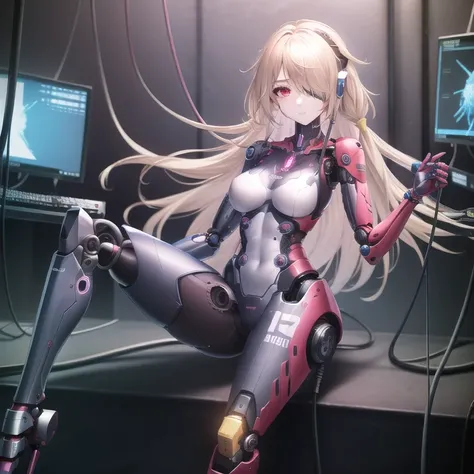 robotic arms, robotic legs, guns, gun, holding weapon, robot, mechanical arms, mechanical legs, tank, armor, sci-fi, cyberpunk, solo, 1girl, <lora:Nemesis 4:0.5>, red eyes, hair covering one eye, masterpiece, best quality, blond hair, glowing clothes, big armor, wires, cables, monitor