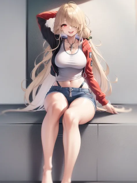 <lora:Nemesis 4:0.5>, red eyes, hair covering one eye, masterpiece, best quality, casual clothes, red jacket, hoodie, white tank top, shorts, bare legs, smile, happy, open mouth, solo, 1girl, zipper, very long hair, blond hair, hand on hip, sitting, cross legged, cross legs, hand behind head