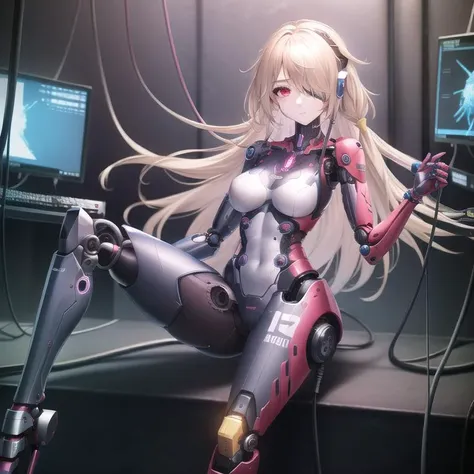 robotic arms, robotic legs, guns, gun, holding weapon, robot, mechanical arms, mechanical legs, tank, armor, sci-fi, cyberpunk, solo, 1girl, <lora:Nemesis 4:0.5>, red eyes, hair covering one eye, masterpiece, best quality, blond hair, glowing clothes, big armor, wires, cables, monitor