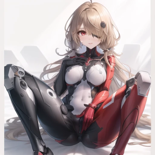 <lora:Nemesis 4:0.6>, bodysuit, gloves, red eyes, hair covering one eye, masterpiece, best quality