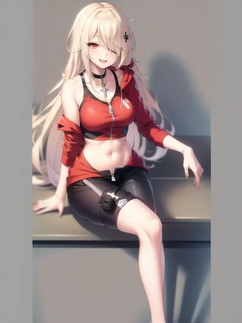 <lora:Nemesis 4:0.5>, red eyes, hair covering one eye, masterpiece, best quality, casual clothes, red jacket, hoodie, white tank top, shorts, bare legs, smile, happy, open mouth, solo, 1girl, zipper, very long hair, blond hair, hand on hip, sitting, cross legged, cross legs, hand behind head