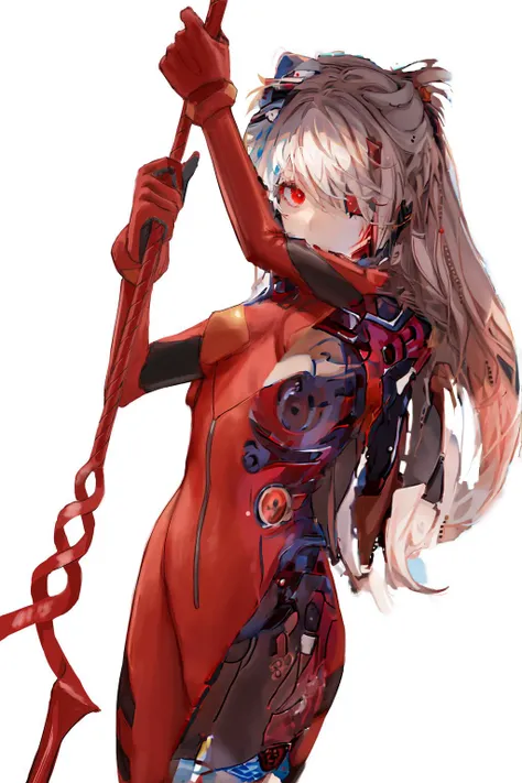 (masterpiece:1.4), (best quality:1.4), fullbody , 1girl, <lora:nemesisFromTowerOfFantasy_nemesisV1:.95>, bodysuit, gloves, red eyes, hair covering one eye, (white background:1.4)