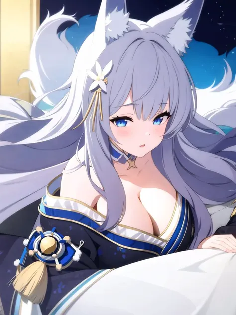 <lora:shinanoAzurLane_v10:1>1girl, animal ear fluff, animal ears, bangs, bare shoulders, blue collar, blue eyes, blue kimono, blush, breasts, cleavage, collar, collarbone, detached collar, fox ears, fox girl, fox tail, grey hair, hair ornament, hand up, huge breasts, japanese clothes, kimono, kitsune, kyuubi, large breasts, long hair, looking at viewer, multiple tails, off shoulder, shinano \(azur lane\), simple background, solo, tail, very long hair, white background, white tail, wide sleeves,(masterpiece:1.4),(best quality:1.4),(shiny skin),realistic