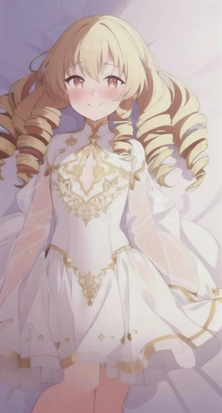 <lora:FennySB_LoHa_v4:1.1>,1 girl, golden eyes, sweet, middle chest, solo, sweat, symbol shaped pupils, middle gold double drill hair ), smile, solo, white dress, EyeDetail, full body, <lora:Newd:1>, bed sheet,blush, full body,girly,