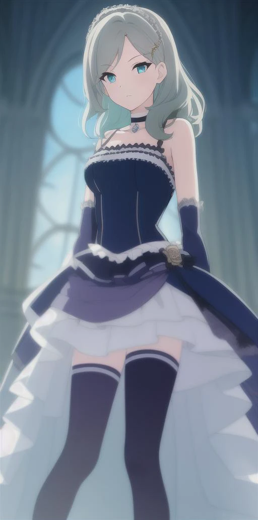 masterpiece, best quality, KATYA, REVEALING_SKIRT, SINGLE_ELBOW_GLOVE, ASYMMETRICAL_LEGWEAR, CHOKER, HAIR_ORNAMENT, AQUA_EYES, 1GIRL
,single background,, laying