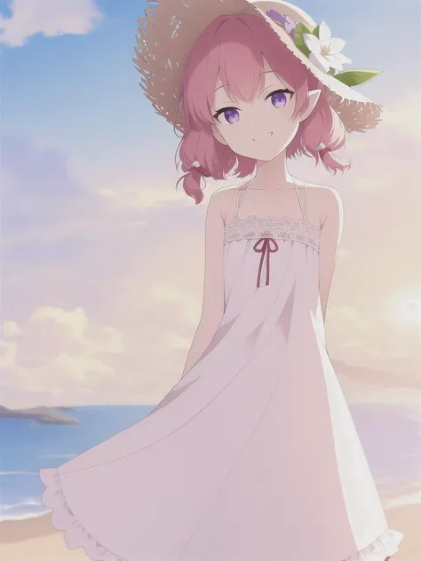 teenager, (solo:1.5), (1girl:1.5), (elf:1.1), (narrow hips:1.5), (thin legs:1.5),
majestic, graceful, noble, cute, self-confident, benevolent, proud, mischievous, playful,
(thick hair:1.3), (dark pink red hair:1.5), (short hair:1.5), (short twintail:1.5), (thin sidelocks:1.5), (twintail ribbons:1.5), blunt bangs,
oval face, pointed chin, (violet eyes:1.3), (sharp look:1.3), (kind smile:1.2), (smug smile:0.5), (happy smile:0.3), (restrained smile:1.5),
((masterpiece)), best quality, masterpiece, best quality, highres, uhd, concept art, line art,
(white summer dress with a floral pattern:1.1), (straw hat with large white flower:1.1), sea beach, the sun's rays break through the clouds, long shot, dynamic pose, (sits at a table in a summer beach cafe and drinks pina colada in coconut:1.1)
