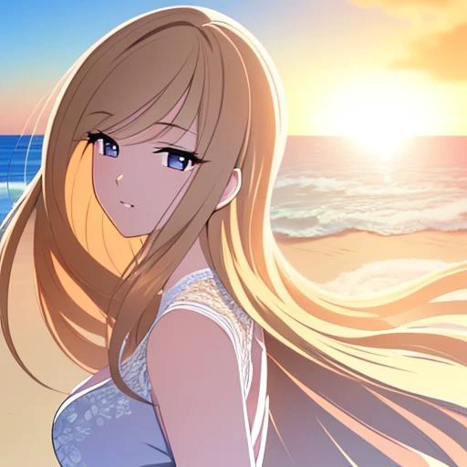 masterpiece, best quality, very detailed, extremely detailed beautiful, super detailed, tousled hair, illustration, dynamic angles, girly, fashion clothing, standing, mannequin, looking at viewer, interview, laying in beach, beautiful detailed eyes, exquisitely beautiful face, floating, high saturation, beautiful and detailed light and shadow