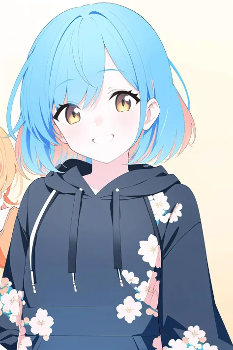 masterpiece, best quality, highres, portrait, 1girl, solo, short hair, looking at viewer, multicolored hair, orange hair, white hair, blue hair, braid, bangs, orange eyes, streaked hair, small breasts, breasts, long sleeves, (black hoodie:1.4), simple background, orange background, blush, smile, floral print on hoodie,