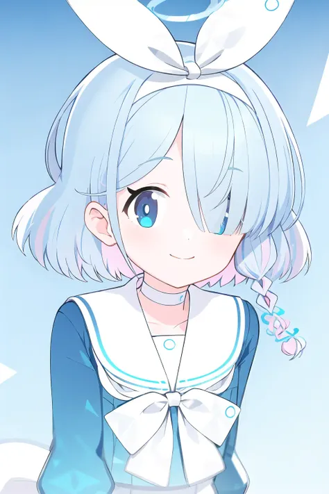 arona, 1girl, white hairband, bow hairband, halo, short hair, single braid, school uniform, blue shirt, white sailor collar, long sleeves, white bowtie, white choker, <lora:aronaBlueArchive_v1:1>, smile, looking at viewer, closed mouth