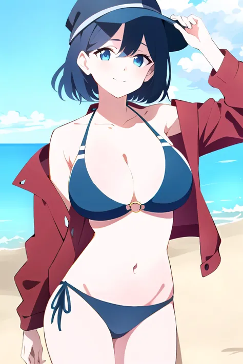 1girl, swimsuit, breasts, bikini, black hair, blue eyes, solo, outdoors, beach, black bikini, navel, large breasts, hat, red headwear, smile, cleavage, day, ocean, side-tie bikini bottom, looking at viewer, multi-strapped bikini, sky, o-ring, short hair, o-ring bikini, palm tree, cloud, tree, cowboy shot, hand on headwear, arm up, string bikini, closed mouth, red jacket, stomach, collarbone, bare shoulders, blue sky, off shoulder, mole, sidelocks, bangs, standing, water