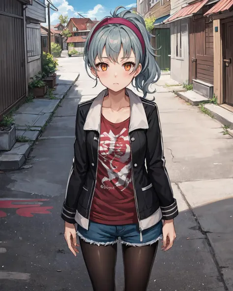 best quality, (masterpiece:1.2), illustration, absurdres,
(1girl, solo), (beautiful detailed girl),
<lora:Kisara-06:0.9>, Kisara, grey hair, hairband, orange eyes, ponytail, teenager, young, flat chest, 
black jacket, open jacket, grey sleeves, red tshirt, torn tshirt, shorts, pantyhose, boots,  
(brick wall:1.1), (graffiti:1.1), alleyway, alley, sky, clouds, run down buildings,
looking at viewer,  cool, bored, 
((on back)), from below