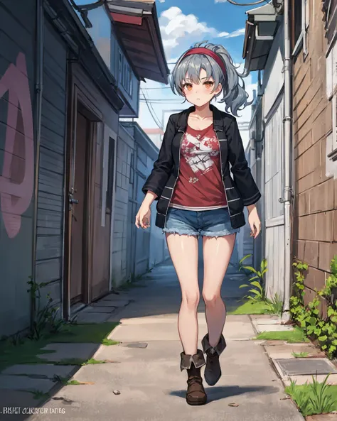 best quality, (masterpiece:1.2), illustration, absurdres,
(1girl, solo), (beautiful detailed girl),
<lora:Kisara-06:0.8>, Kisara, grey hair, hairband, orange eyes, ponytail, teenager, young, flat chest,
black jacket, open jacket, grey sleeves, red tshirt, torn tshirt, shorts, pantyhose, boots,
(brick wall:1.1), (graffiti:1.1), alleyway, alley, sky, clouds, run down buildings,
looking at viewer, cool, bored,
((legs apart)), full body shot,
