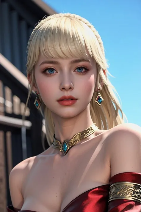 Best quality, masterpiece, ultra high res, (photorealistic:1.4), 1girl, offshoulder, deep shadow, shiny skin,  <lora:epiNoiseoffset_v2:0.6>   blonde hair, jewelry, realistic, lips, gem,  blue eyes, bracelet,  breasts, bare_shoulders, detached_sleeves, earrings, <lora:Lyse:0.6>