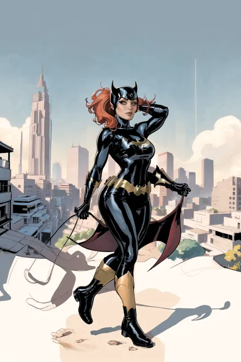 TerryDodson Style, Very Beautiful illustration of Batgirl in africa with background City, Johannesburg, hd highly detailed trending artstation Symmetrical, <lora:TerryDodsonStyle:0.8>