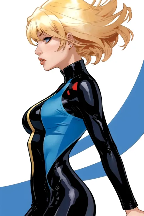 TerryDodson Style, 1girl, solo, blonde hair, blue eyes, long hair, medium breasts, skin tight, profile, bodysuit, from side, simple background, white background, <lora:TerryDodsonStyle:0.8>