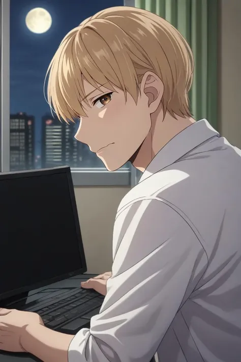 score_9, score_8_up, score_7_up, source_anime, rating_safe, , (realistic:0.6), looking at viewer, , 1boy, solo, male focus, <lora:mugi_awaya_pony:0.74>, mugi_awaya, blonde hair, brown eyes, short hair, bangs, profile, office, computers, night, full moon, sitting, wavy mouth, , <lora:sdxl_lightning_8step_lora:1>