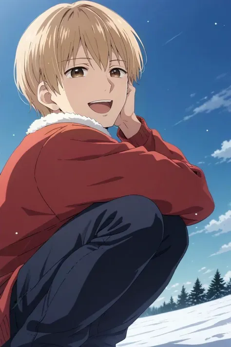 score_9, score_8_up, score_7_up, source_anime, rating_safe, , semi-realistic, , , 1boy, solo, male focus, <lora:mugi_awaya_pony:0.82>, mugi_awaya, blonde hair, brown eyes, short hair, bangs, from below, snowy field, dusk, squatting, laughing, , <lora:sdxl_lightning_8step_lora:1>