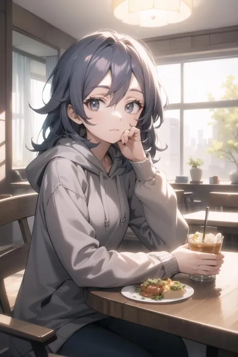 <lora:shinonome-000025:1> shinonome, grey eyes, grey hair,
looking at viewer,
1girl, solo,
indoors, casual, table, food, hoodie, relaxed