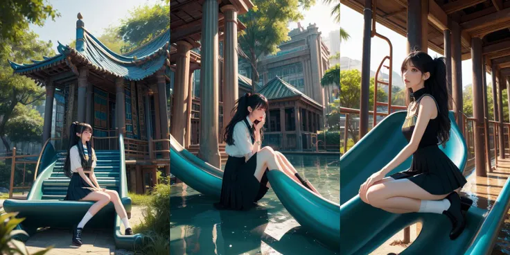 (otherworldly, otherworldly atmosphere, otherworldly appearance), highly insanely detailed, masterpiece, top quality, best quality, highres, 4k, 8k, RAW photo, 
((ancient egyptian theme:1.2)), Hong Kong structure, building, structure, taiwan, korean, 
swirling energy, 
tentacle, 
(underwater), 
reflection, reflective floor, 
abandoned building, overgrown with vegetation, [volumetric fog], cinematic lighting, colorful, colourful, 
(long_hair, long hair, random colors hair, glowing hair, hair over one eye, long messy hair), 
(eyelashes, eyeliner, eyeshadow, eyelashes, long eyelashes), 
collar, earrings, jewelry, necklace, armlet, 
high-heels, 
nsfw, 
cleavage, perfect female body, makeup, 
action pose, 
drunk, biting, 
dawn, 
(((masterpiece))),  (((best quality))),  full body,  side view,  girl sitting on park slide in playground,  leg on slide,  big tits,  school uniform,  pleated skirt,  stockings,  shoes,  black twintail,  ribbon,  frown,  shy,  blush,  petal,  wind,<lora:girllikeparkslide:1.000000>, (fantasy world)