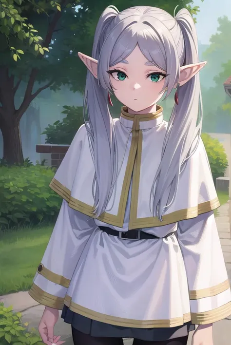 frieren, <lyco:frierenv2-lyco-nochekaiser:1>,
frieren, long hair, twintails, (green eyes:1.5), grey hair, pointy ears, elf,
BREAK shirt, long sleeves, jewelry, pantyhose, earrings, striped, black pantyhose, capelet, striped shirt,
BREAK outdoors, sky, nature,
BREAK looking at viewer, (cowboy shot:1.5),
BREAK <lyco:GoodHands-beta2:1>, (masterpiece:1.2), best quality, high resolution, unity 8k wallpaper, (illustration:0.8), (beautiful detailed eyes:1.6), extremely detailed face, perfect lighting, extremely detailed CG, (perfect hands, perfect anatomy),