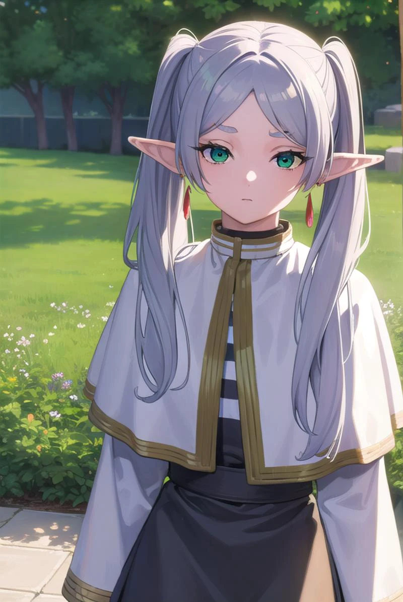 frieren, <lyco:frierenv2-lyco-nochekaiser:1>,
frieren, long hair, twintails, (green eyes:1.5), grey hair, pointy ears, elf,
BREAK shirt, long sleeves, jewelry, pantyhose, earrings, striped, black pantyhose, capelet, striped shirt,
BREAK outdoors, sky, nature,
BREAK looking at viewer, (cowboy shot:1.5),
BREAK <lyco:GoodHands-beta2:1>, (masterpiece:1.2), best quality, high resolution, unity 8k wallpaper, (illustration:0.8), (beautiful detailed eyes:1.6), extremely detailed face, perfect lighting, extremely detailed CG, (perfect hands, perfect anatomy),