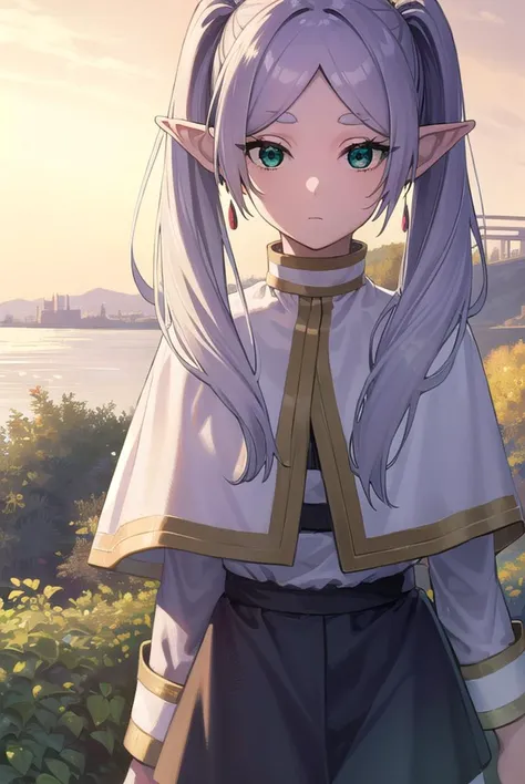 frieren, <lyco:frierenv2-lyco-nochekaiser:1>,
frieren, long hair, twintails, (green eyes:1.5), grey hair, pointy ears, elf,
BREAK shirt, long sleeves, jewelry, pantyhose, earrings, striped, black pantyhose, capelet, striped shirt,
BREAK outdoors, sky, nature,
BREAK looking at viewer, (cowboy shot:1.5),
BREAK <lyco:GoodHands-beta2:1>, (masterpiece:1.2), best quality, high resolution, unity 8k wallpaper, (illustration:0.8), (beautiful detailed eyes:1.6), extremely detailed face, perfect lighting, extremely detailed CG, (perfect hands, perfect anatomy),