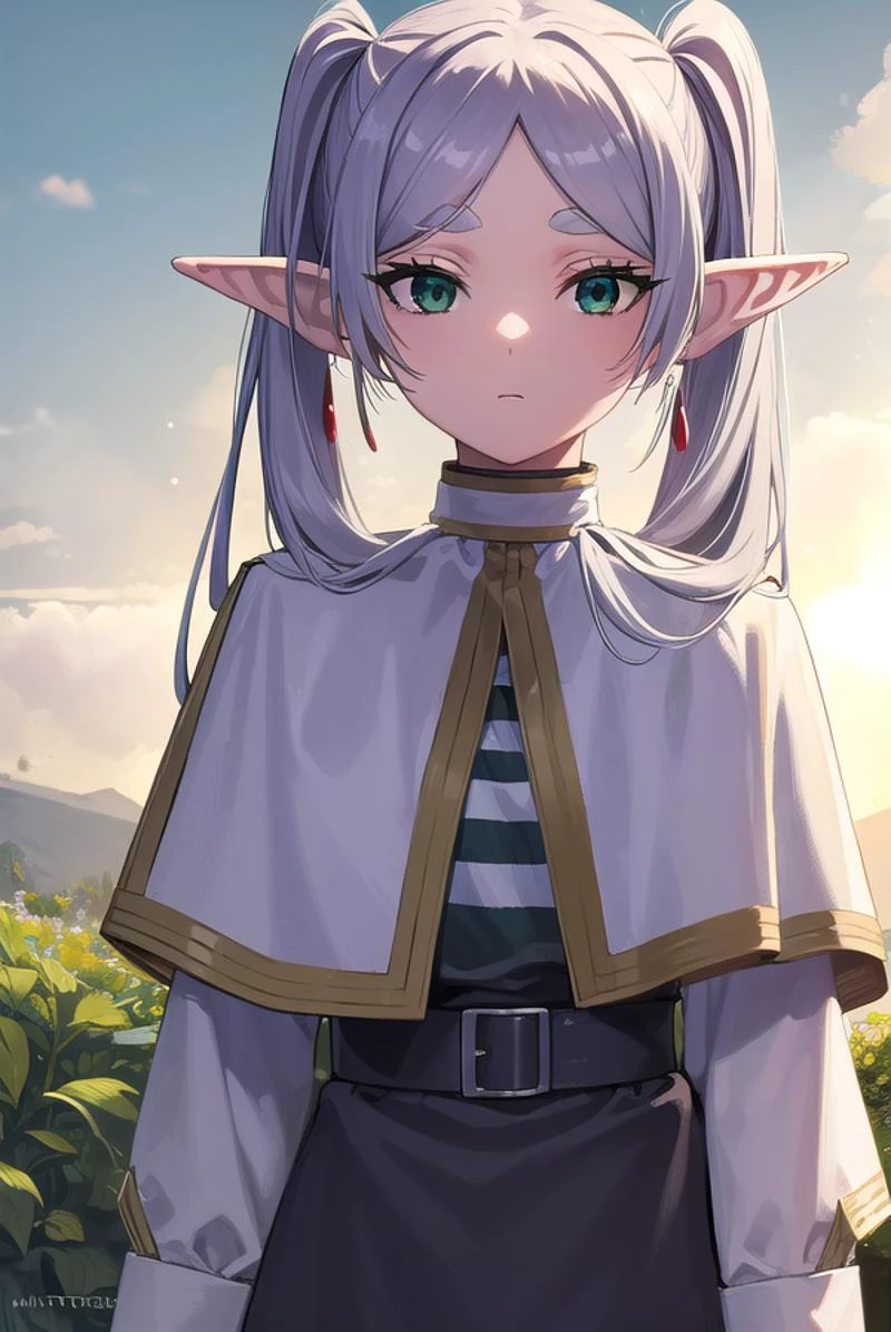 frieren, <lyco:frierenv2-lyco-nochekaiser:1>,
frieren, long hair, twintails, (green eyes:1.5), grey hair, pointy ears, elf,
BREAK shirt, long sleeves, jewelry, pantyhose, earrings, striped, black pantyhose, capelet, striped shirt,
BREAK outdoors, sky, nature,
BREAK looking at viewer, (cowboy shot:1.5),
BREAK <lyco:GoodHands-beta2:1>, (masterpiece:1.2), best quality, high resolution, unity 8k wallpaper, (illustration:0.8), (beautiful detailed eyes:1.6), extremely detailed face, perfect lighting, extremely detailed CG, (perfect hands, perfect anatomy),
