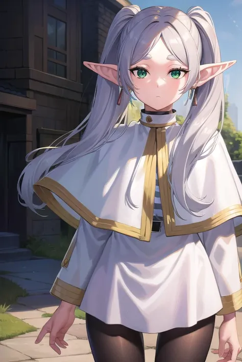 frieren, <lyco:frierenv2-lyco-nochekaiser:1>,
frieren, long hair, twintails, (green eyes:1.5), grey hair, pointy ears, elf,
BREAK shirt, long sleeves, jewelry, pantyhose, earrings, striped, black pantyhose, capelet, striped shirt,
BREAK outdoors, sky, nature,
BREAK looking at viewer, (cowboy shot:1.5),
BREAK <lyco:GoodHands-beta2:1>, (masterpiece:1.2), best quality, high resolution, unity 8k wallpaper, (illustration:0.8), (beautiful detailed eyes:1.6), extremely detailed face, perfect lighting, extremely detailed CG, (perfect hands, perfect anatomy),