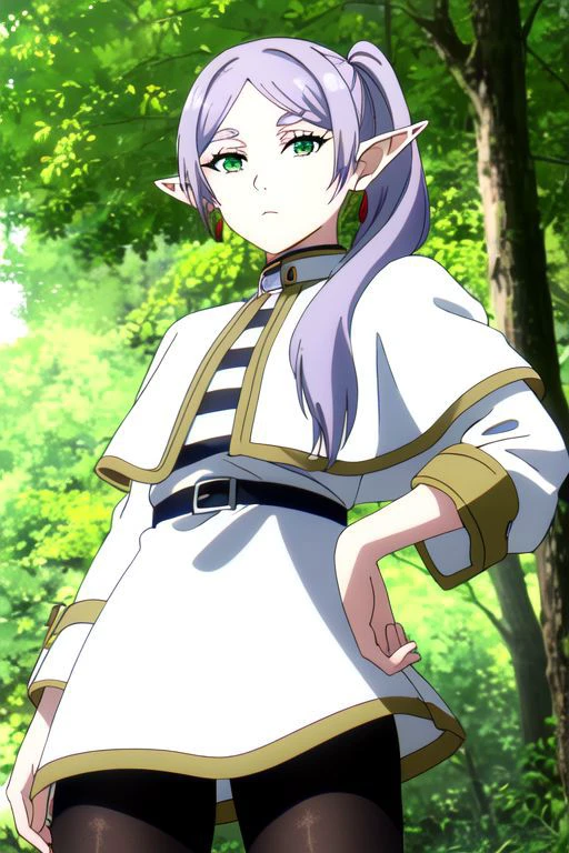 2d anime style, simple shading, no highlight, ((best quality)),((highly detailed)),masterpiece,absurdres,detailed face,beautiful face,(detailed eyes, deep eyes),1girl,((dynamic pose)), <lora:animemix_v3_offset:0.8>, detailed character, hand shot pose, cowboy shot, sexy pose, from below, upper body, show her whole body, looking at viewer, forest background, day, :>, blurry, breasts, Aissist-supercharge, AissistV2, frieren, long hair, twintails, (green eyes:1.5), grey hair, pointy ears, elf, shirt, long sleeves, jewelry, pantyhose, earrings, striped, black pantyhose, capelet, striped shirt, legs, good hands,