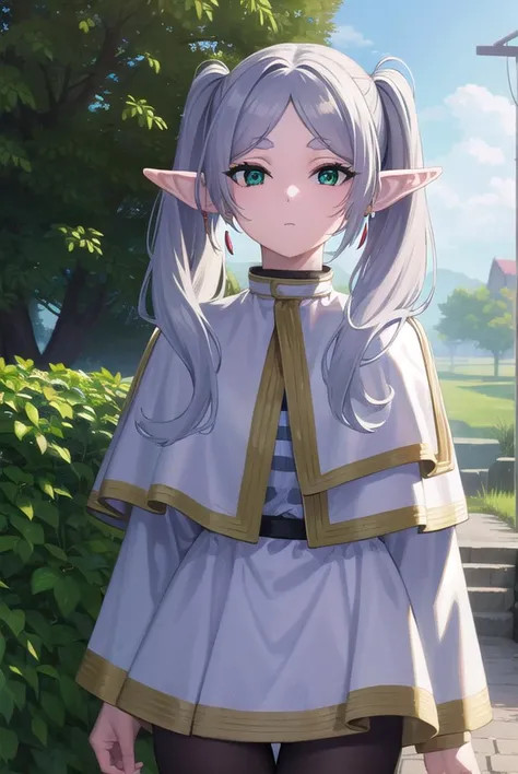 frieren, <lyco:frierenv2-lyco-nochekaiser:1>,
frieren, long hair, twintails, (green eyes:1.5), grey hair, pointy ears, elf,
BREAK shirt, long sleeves, jewelry, pantyhose, earrings, striped, black pantyhose, capelet, striped shirt,
BREAK outdoors, sky, nature,
BREAK looking at viewer, (cowboy shot:1.5),
BREAK <lyco:GoodHands-beta2:1>, (masterpiece:1.2), best quality, high resolution, unity 8k wallpaper, (illustration:0.8), (beautiful detailed eyes:1.6), extremely detailed face, perfect lighting, extremely detailed CG, (perfect hands, perfect anatomy),