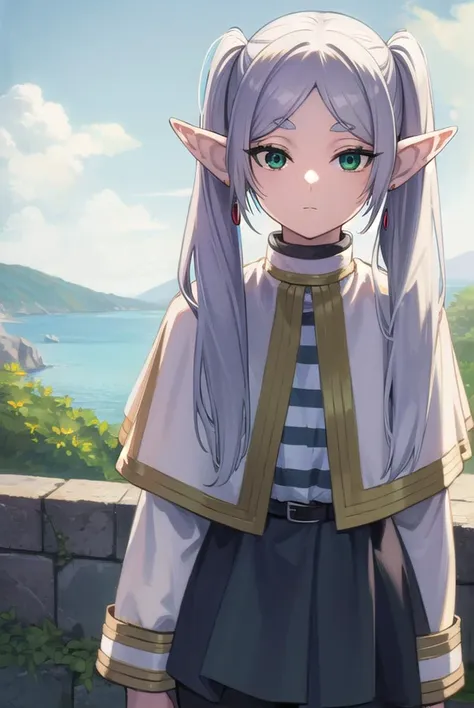 frieren, <lyco:frierenv2-lyco-nochekaiser:1>,
frieren, long hair, twintails, (green eyes:1.5), grey hair, pointy ears, elf,
BREAK shirt, long sleeves, jewelry, pantyhose, earrings, striped, black pantyhose, capelet, striped shirt,
BREAK outdoors, sky, nature,
BREAK looking at viewer, (cowboy shot:1.5),
BREAK <lyco:GoodHands-beta2:1>, (masterpiece:1.2), best quality, high resolution, unity 8k wallpaper, (illustration:0.8), (beautiful detailed eyes:1.6), extremely detailed face, perfect lighting, extremely detailed CG, (perfect hands, perfect anatomy),