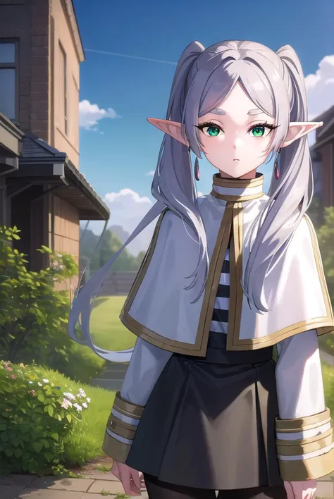 frieren, <lyco:frierenv2-lyco-nochekaiser:1>,
frieren, long hair, twintails, (green eyes:1.5), grey hair, pointy ears, elf,
BREAK shirt, long sleeves, jewelry, pantyhose, earrings, striped, black pantyhose, capelet, striped shirt,
BREAK outdoors, sky, nature,
BREAK looking at viewer, (cowboy shot:1.5),
BREAK <lyco:GoodHands-beta2:1>, (masterpiece:1.2), best quality, high resolution, unity 8k wallpaper, (illustration:0.8), (beautiful detailed eyes:1.6), extremely detailed face, perfect lighting, extremely detailed CG, (perfect hands, perfect anatomy),