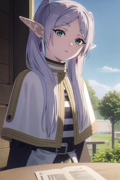 frieren, <lyco:frieren-lyco-nochekaiser:1>,
frieren, long hair, twintails, (green eyes:1.5), grey hair, pointy ears, elf,
BREAK shirt, long sleeves, jewelry, pantyhose, earrings, striped, black pantyhose, capelet, striped shirt,
BREAK looking at viewer, upper body, full body,
BREAK outdoors, sky, nature,
BREAK <lyco:GoodHands-beta2:1>, (masterpiece:1.2), best quality, high resolution, unity 8k wallpaper, (illustration:0.8), (beautiful detailed eyes:1.6), extremely detailed face, perfect lighting, extremely detailed CG, (perfect hands, perfect anatomy),