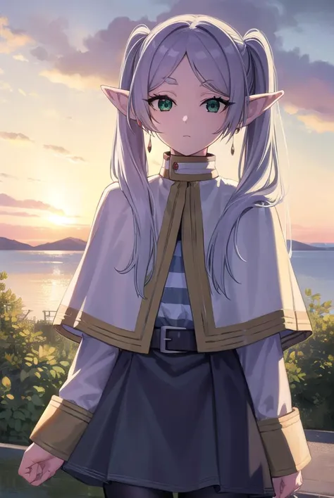 frieren, <lyco:frierenv2-lyco-nochekaiser:1>,
frieren, long hair, twintails, (green eyes:1.5), grey hair, pointy ears, elf,
BREAK shirt, long sleeves, jewelry, pantyhose, earrings, striped, black pantyhose, capelet, striped shirt,
BREAK outdoors, sky, nature,
BREAK looking at viewer, (cowboy shot:1.5),
BREAK <lyco:GoodHands-beta2:1>, (masterpiece:1.2), best quality, high resolution, unity 8k wallpaper, (illustration:0.8), (beautiful detailed eyes:1.6), extremely detailed face, perfect lighting, extremely detailed CG, (perfect hands, perfect anatomy),