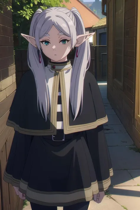 frieren, <lyco:frieren-lyco-nochekaiser:1>,
frieren, long hair, twintails, (green eyes:1.5), grey hair, pointy ears, elf,
BREAK shirt, long sleeves, jewelry, pantyhose, earrings, striped, black pantyhose, capelet, striped shirt,
BREAK looking at viewer, upper body, full body,
BREAK outdoors, sky, nature,
BREAK <lyco:GoodHands-beta2:1>, (masterpiece:1.2), best quality, high resolution, unity 8k wallpaper, (illustration:0.8), (beautiful detailed eyes:1.6), extremely detailed face, perfect lighting, extremely detailed CG, (perfect hands, perfect anatomy),