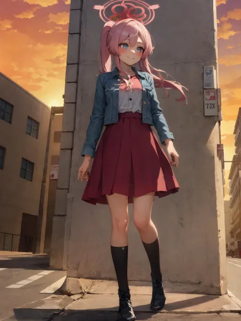 SLE, mksks style, detailed background absurdres, highres, solo, 1girl, mimori mizuha, ponytail, denim jacket, long sleeves, buttons, red shirt, long skirt, see-through skirt, frilled skirt, black boots, looking away, smile, standing, full body, city, sidewalk, sunset, orange sky, clouds, outdoors