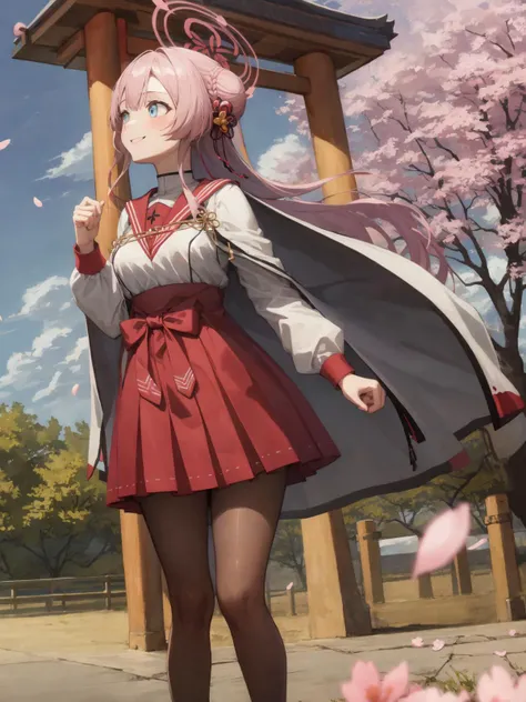 SLE, mksks style, detailed background absurdres, highres, solo, 1girl, mimori mizuha, default, hair bun, single hair bun, braided bun, single side bun, hair ornament, hair flower, japanese clothes, school uniform, white shirt, red sailor collar, long sleeves, red skirt, red hakama, hakama short skirt, high-waist skirt, pleated skirt, cape, black pantyhose, tabi, standing, looking away, smile, looking up, full body, torii, east asian architecture, trees, cherry blossoms, petals, falling petals, blue sky, clouds, sunlight, outdoors