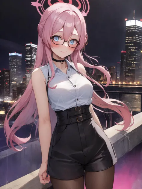 SLE, mksks style, detailed background absurdres, highres, solo, 1girl, mimori mizuha, red glasses, under-rim eyewear, semi-rimless eyewear, choker, white shirt, dress shirt, collared shirt, buttons, sleeveless shirt, black shorts, high-waist shorts, black pantyhose, smile, blush, looking at viewer, arms behind back, cowboy shot, city, night, city lights, neon lights, outdoors