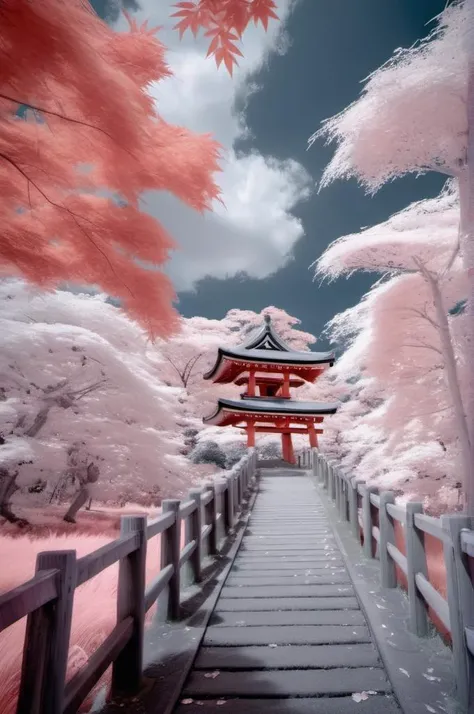 <lora:Infrared Photos:1>Infrared Photos - A photo Landscape Infrared weather summer in japan Falling Leaves a photography winning a award. Canon EOS R3q 5  ,