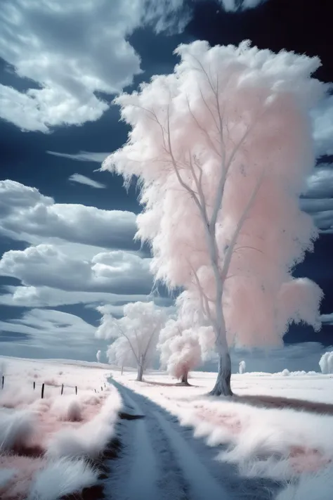 <lora:Infrared Photos:1>Infrared Photos - An infrared landscape photograph of a forest, taken with a Fujifilm X-T30 mirrorless camera and a special filter that captures invisible light, showcasing a unique perspective of the environment. The lighting is warm and ethereal, with a mix of greens, reds, and blues that create a surreal and unreal atmosphere. The composition is organic and fluid, highlighting the natural patterns and shapes of the trees and leaves.