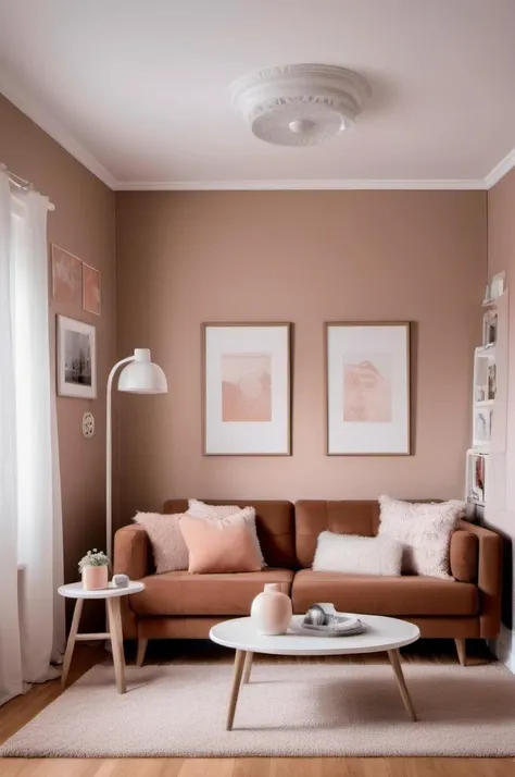 <lora:Infrared Photos:1>Infrared Photos, girlish living room, small room, Two-person sofa, plan of a house, brown sofa, white wall,