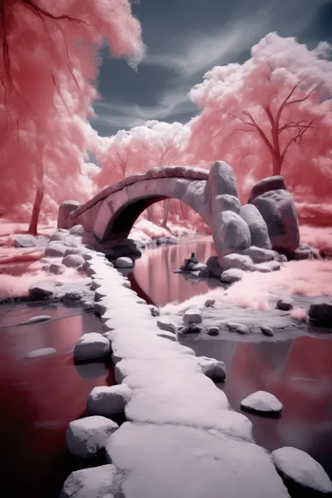 <lora:Infrared Photos:1>Infrared Photos - selfie infrared photography of bridge stones and river