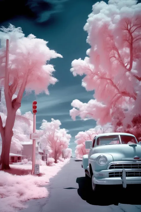 <lora:Infrared Photos:1>Infrared Photos - a infrared light landscape with a vintage american street scene