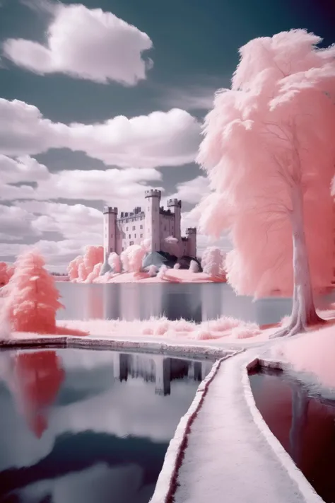 <lora:Infrared Photos:1>Infrared Photos - infrared photography of a landscape with lake and a castle behind