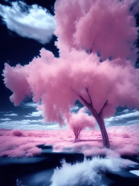 <lora:Infrared:1>infrared photography, lush tree growing on desolate land